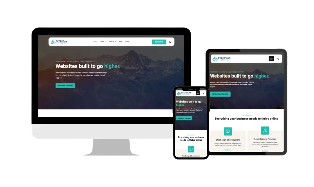 Everpeak websites displayed on a desktop, tablet, and phone